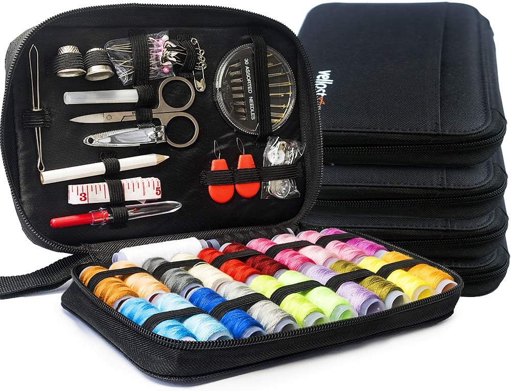 VelloStar Sewing KIT for Adults - Over 100 Easy to Use Sewing Supplies & 24-Color Threads, a Needle and Thread Kit for Small Fixes, Mini Travel Sewing Kit for Emergency Repairs, (Black, Pack of 4)