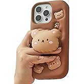TUFTA Kawaii 3D Teddy Bear Phone Case for iPhone 16 Pro Max (with Retractable Phone Stand & Grip) Cute Girly Cartoon Soft Silicone Phone Cover for Girls, Kids, Teens, and Women, Brown