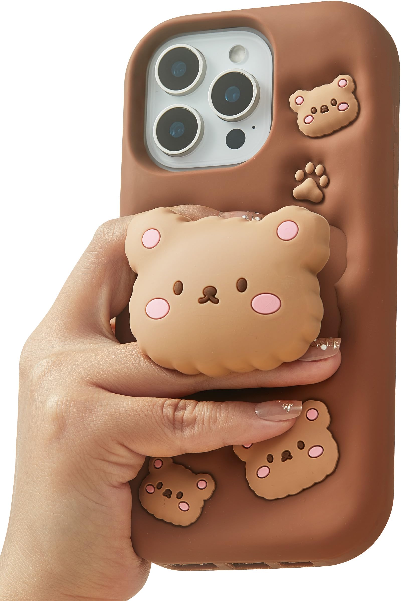 TUFTA Kawaii 3D Teddy Bear Phone Case for iPhone 15 Pro Max (with Retractable Phone Stand & Grip) Cute Girly Cartoon Soft Silicone Phone Cover for Girls, Kids, Teens, and Women, Brown