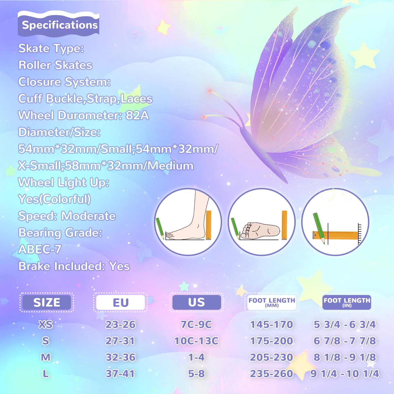 Nattork Kids Roller Skates for Girls Boys Kids, 4 Sizes Adjustable Quad Skates Butterfly and Flower with All Light up Wheels - Birthday Gift for Indoor Outdoor Sports