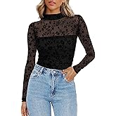 Zeagoo Womens Mesh Sheer Long Sleeve Top Mock Turtle Neck See Though Shirts Ruched Sexy Casual Going Out Blouses
