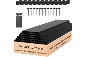 ZONEGRACE 50 Pack Black Aluminum 32.25 Inch Deck Railing Balusters (Rectangle) with End Caps & Stainless Screws, Outdoor Face Mount Metal Spindles for Porch Stair