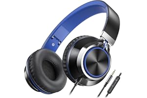 AILIHEN C8 Headphones Wired, On-Ear Kids Headphones with Microphone and Volume Control Foldable Corded Stereo 3.5mm Headset for School Teens Smartphones Chromebook Laptop Tablets Travel (Black Blue)