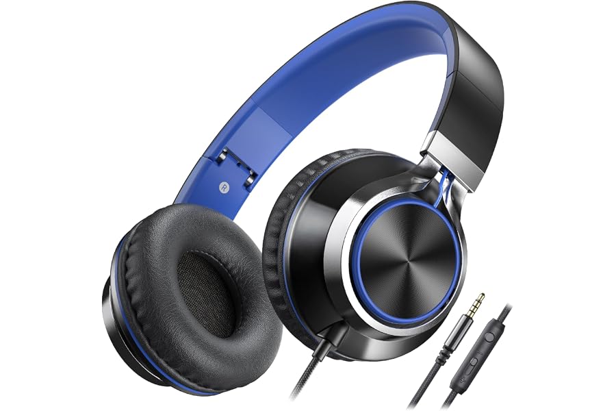 AILIHEN C8 Kids Wired Headphones with Microphone for School, On Ear Headsets with Volume Control Foldable, 3.5mm Jack Computer Chromebook for Children Teens Classroom Online Learning (Black Blue)