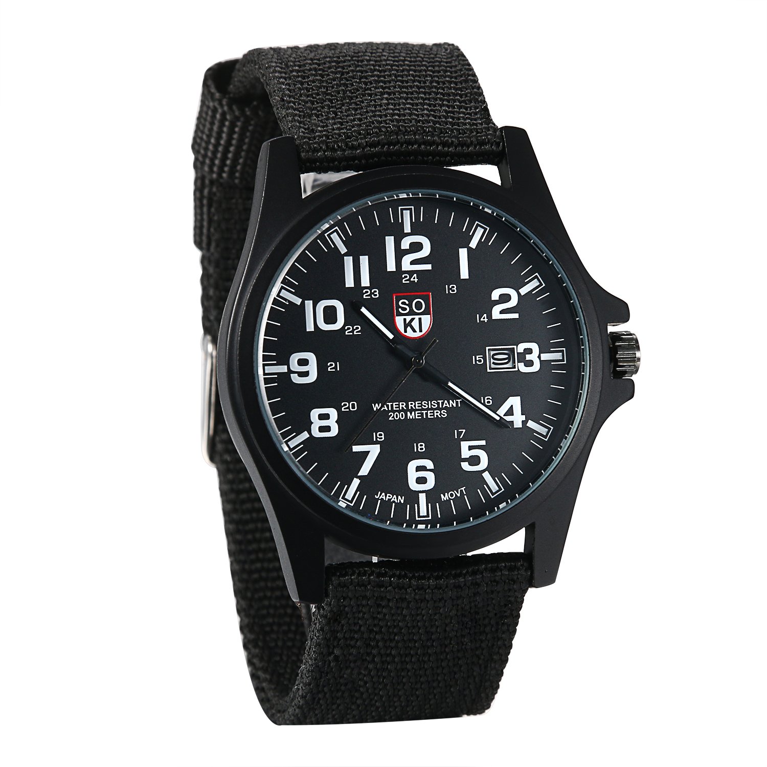 JewelryWe Men Army Date Sport Wrist Watch Analog Quartz Watches with Black Nylon Band