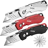 KATA 3 Pack Folding Utility Knife Set, Heavy Duty Box Cutters with Blades | Zinc Alloy Folding Utility Knives, Quick Change Blades, Lock-Back Design, Extra 12pc Blades for Cartons, Cardboard, Boxes