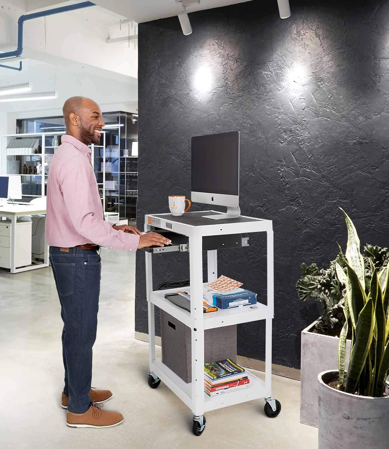Line Leader White AV Cart | Height Adjustable Top Shelf & Pullout Keyboard Tray | Includes 15 ft Power Cord & Cord Management | Great for Modern Classroom or Workspace (42in x 24in x 18in / White) : Office Products