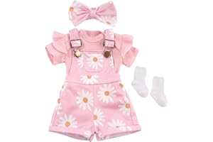BABESIDE 4 Pcs Reborn Baby Doll Clothes for 17-22 Inch Babydolls, Cute Pink Flower Dolls Overalls Lifelike Reborn Baby Doll Accessories with Headband and Socks for Realistic Dolls Girl