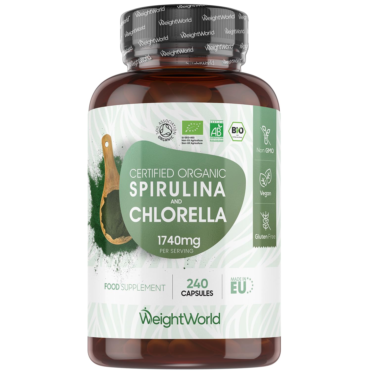 Organic Spirulina and Chlorella Capsules - 80 Days Supply - 240 Capsules - Soil Association Certified - Nutrient-Rich Algae Superfoods - Chlorella and Spirulina Herbal Supplements with No Additives