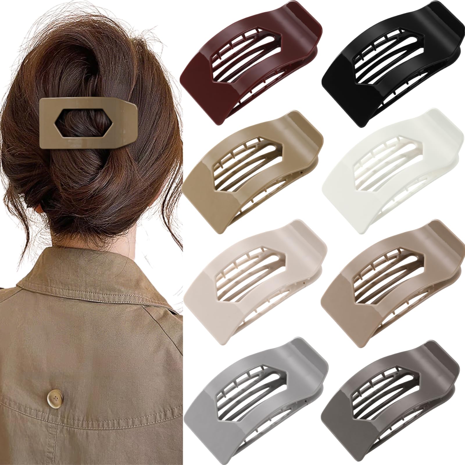 View 1 of 8 Pack Flat Hair Clips for Women – Glossy Neutral No-Slip Flat Claw Clips for Thick & Thin Hair, Large Strong Hold Square Rectangle Hair Accessories for Work & Stylish Fall Outfits