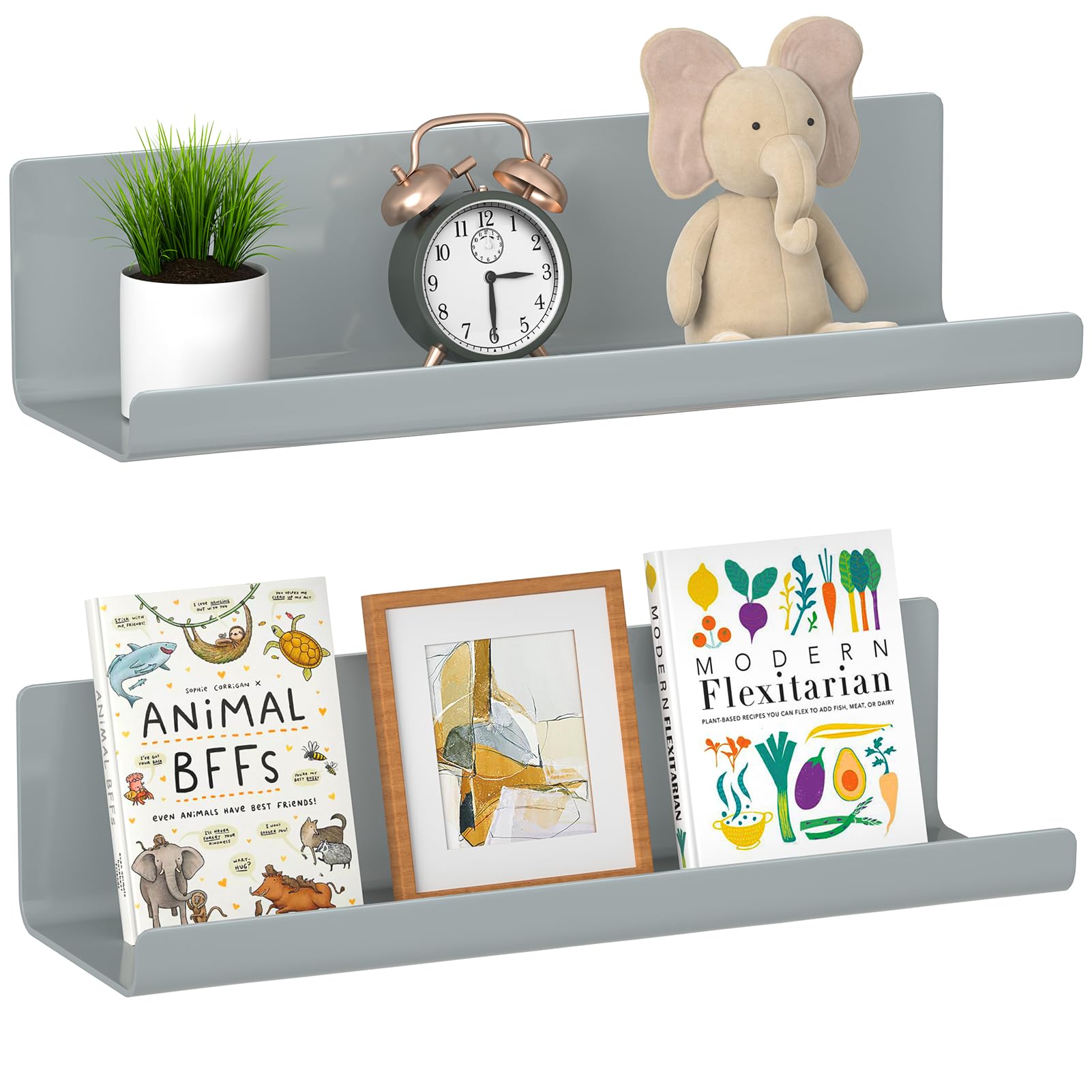 WELDUN Floating Shelves, Set of 2 Wall Mounted Shelf, Picture Ledge Display, Decorative Wall Shelves for Living Room, Bedroom, Bathroom, Kitchen, Home Office, Laundry room, Plastic, Gray