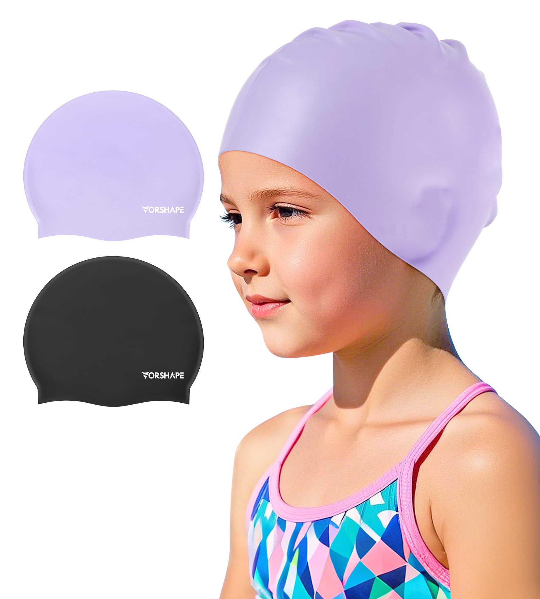 Photo 1 of Vorshape Swim Cap for Kids (2 Pack) - Durable Waterproof Swimming Caps for Girls, Boys, Teens, Toddlers Aged 3-8 - Comfortable Fit for Long Hair - Silicone, Black & Light Purple