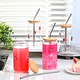 Meanplan 4 Pcs Strawberry Juice Glasses - 17 oz Strawberry Icon Glass Cups with Lid, Straw and Cleaning Brush, Tea Beer Coffee Soda Glassware for Valentines Day Party Favors Gifts