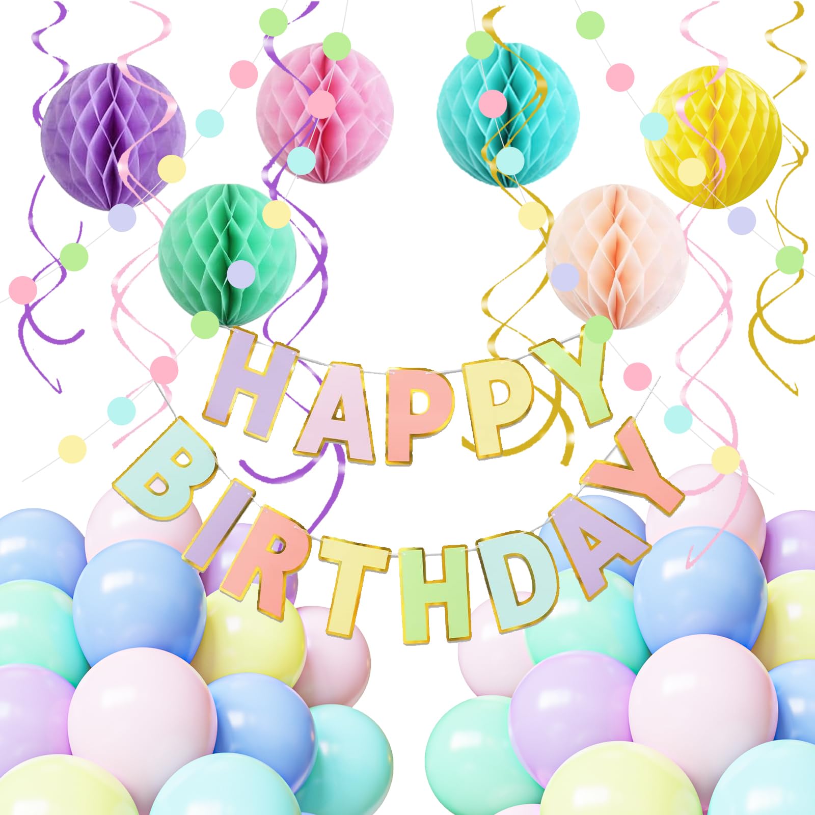 Photo 1 of Pastel Birthday Party Decorations, Happy Birthday Banner with Pastel Balloons Honeycomb Balls Paper Circle Garland Swirl Streamers For Party Supplies