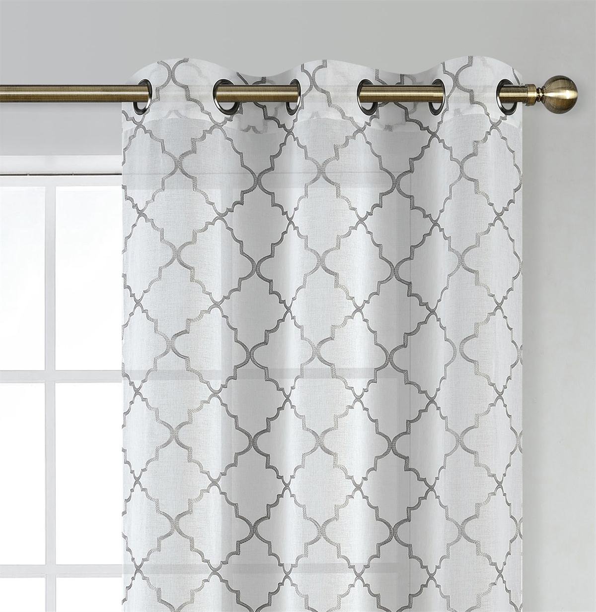 MIUCO White Sheer Curtains Embroidery Trellis Design Grommet Curtains