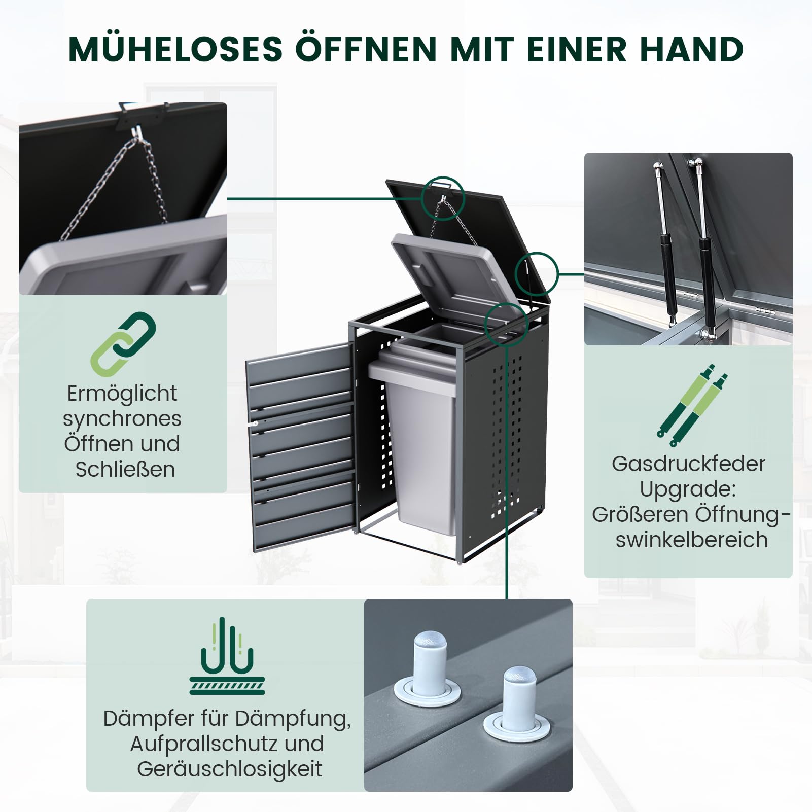 CHOSHOME Mülltonnenbox 2er 240L - Anthrazitgrau Verzinkter Stahl & Holzoptik - 2 Tonnen mit Abschließbar - inkl. Erweiterungsmöglichkeit - Mülltonnenverkleidung, Aufbewahrungsbox für Mülltonnen 3