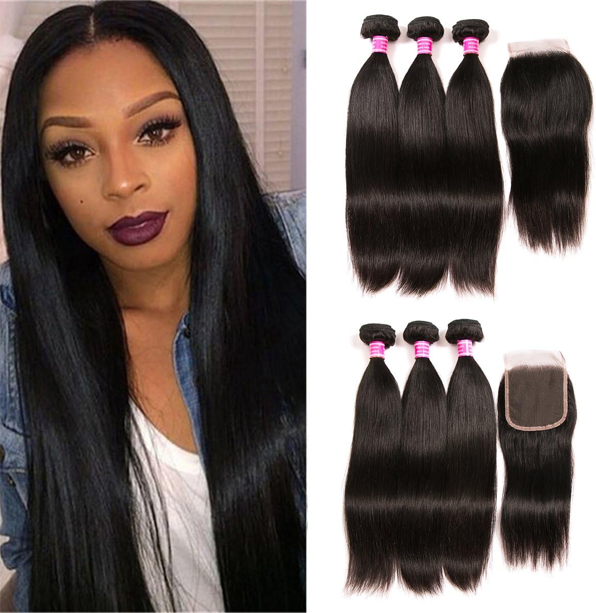QinMei Brazilian Straight Hair 3 Bundles With Closure 4×4 Lace Closure With Bundles 100% Unprocessed Virgin Straight Human Hair Extensions Swiss Closure Weave Weft Natural Color (14 16 18 +12 Closure)