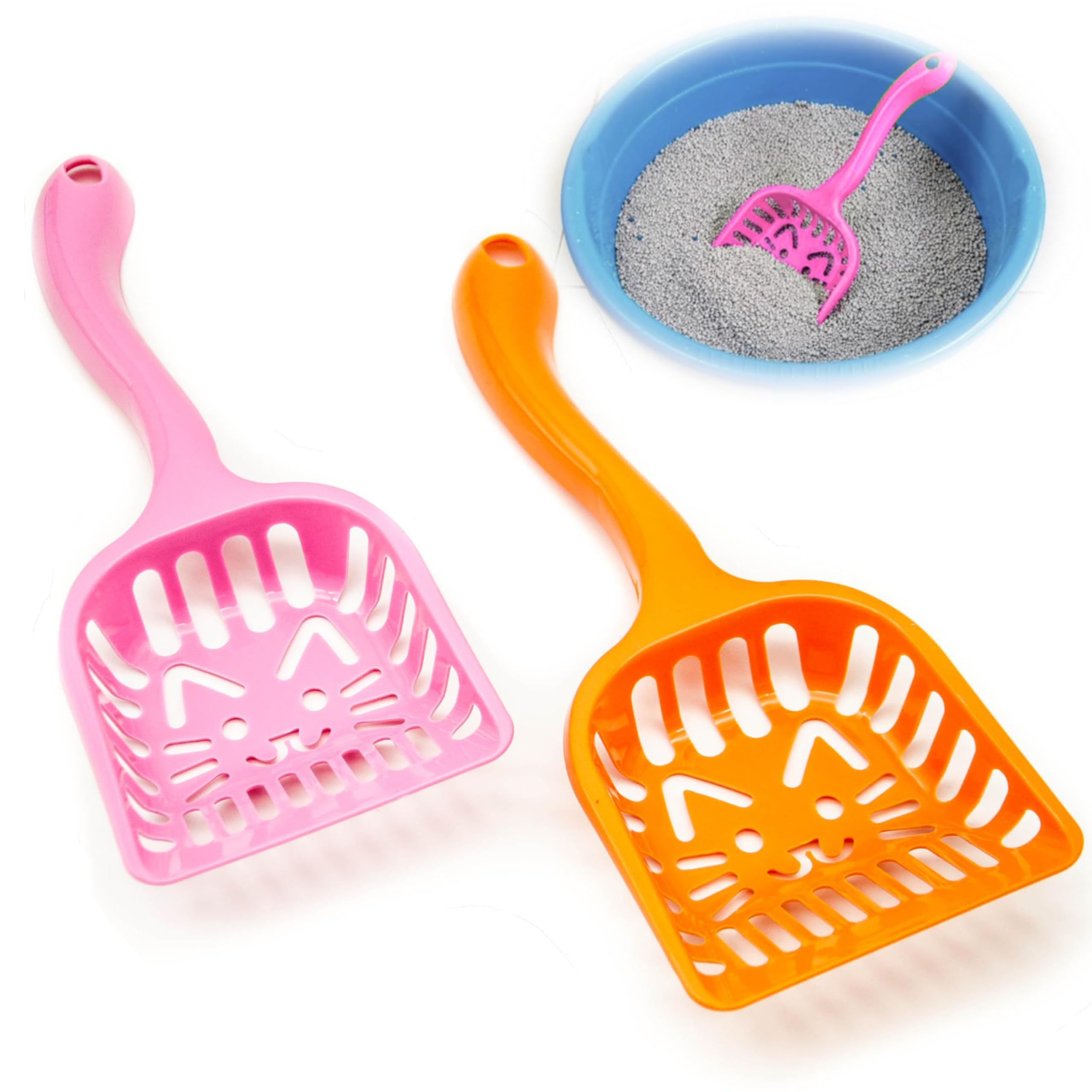 Petopedia Set of 2 – Strong Cat Litter Scoop – Plastic Shovel for Cats Litters, Poop Scoop – Handy Sand Sifter, Sieve Cleaning Tool – Used with Litter Box and Trays for Cats & Kittens (Pink/Orange)