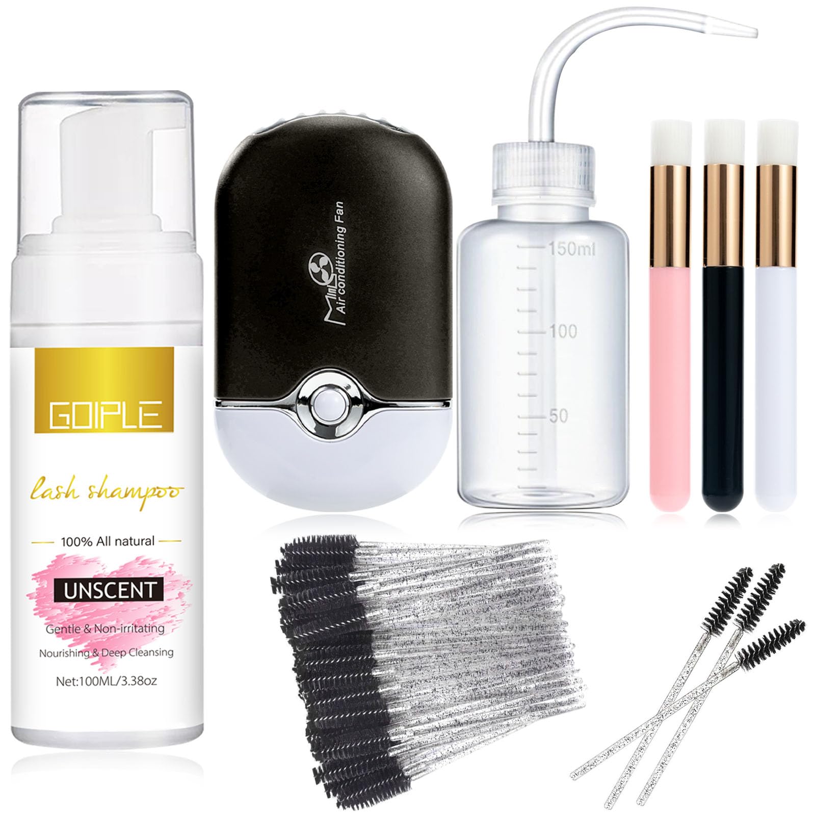 Eyelash Extension Cleanser Lash Cleanser Eyelash Cleanser for Eyelash Extensions, USB Mini Fan Rechargeable Electric Handheld Air Conditioning Lash Extension Kit Lash Brushes Cleanser Brush(Black) — image 1