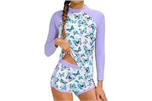 Girls Rash Guard Swimsuits 2 Piece Bathing Suit UPF 50+ Long Sleeve Swimwear with Swim Short Summer Swimming Suits