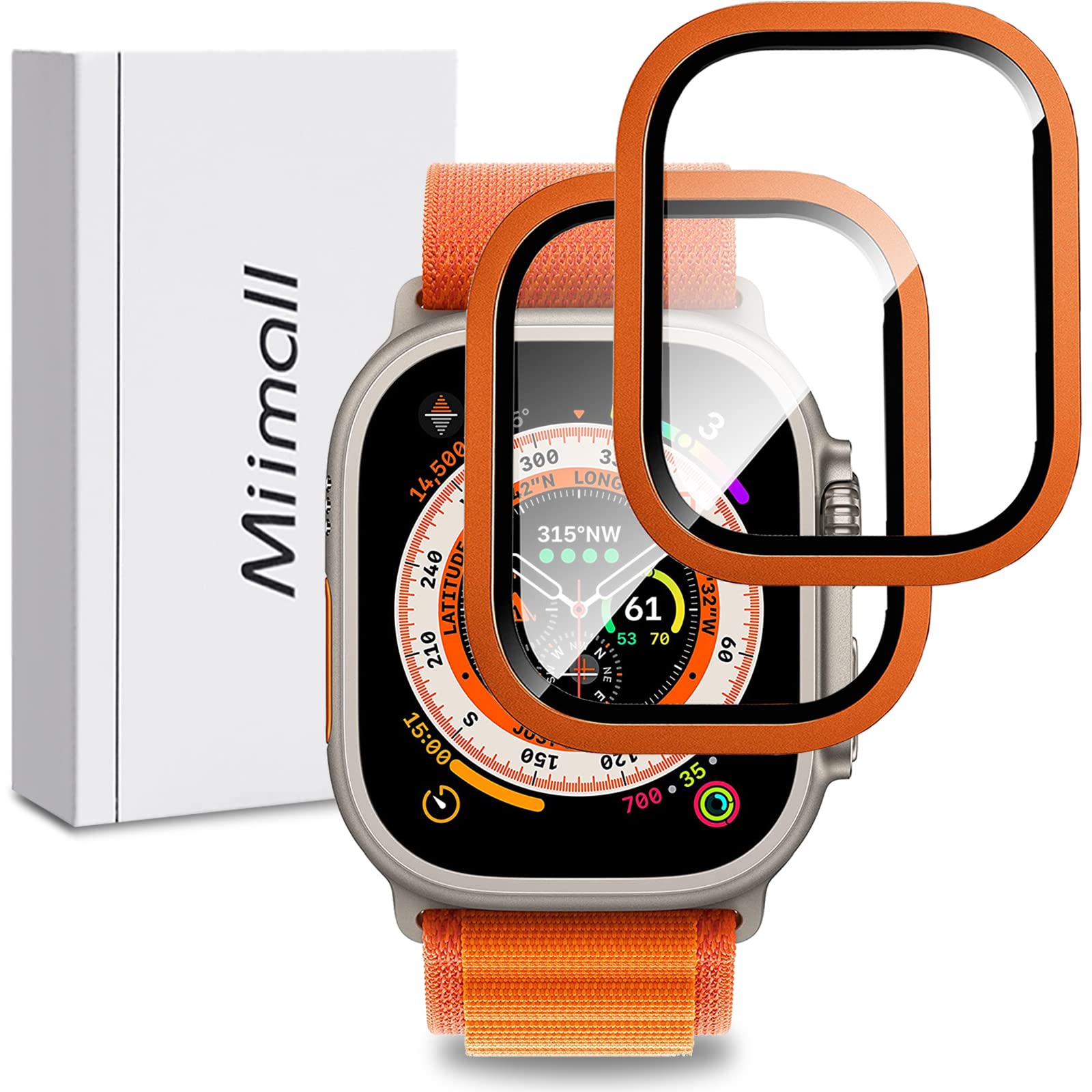 Miimall Titanium Cover for Apple Watch Ultra 3/2/1 49mm, 2-Pack Screen Protector Metal Case Frame, HD Tempered Glass Anti-Scratch Protective Cover for iWatch Ultra 49mm 2025/2024/2023/2022-Orange