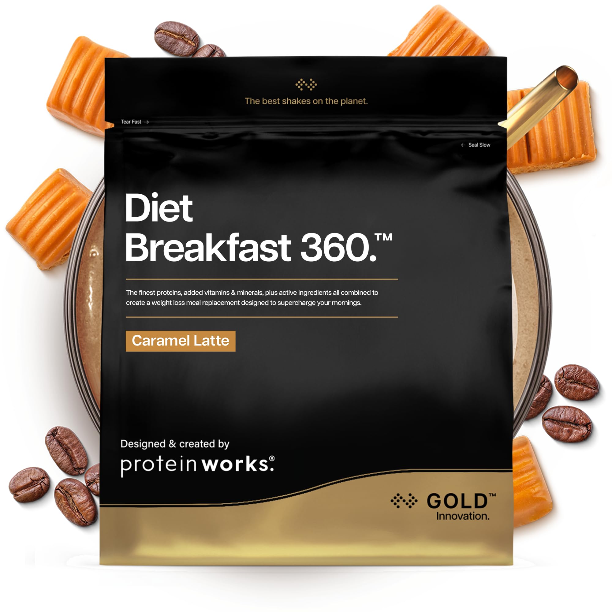 Protein Works | Diet Breakfast 360 - GOLD Innovation, On-the-Go Healthy Weight Loss Meal Replacement Shake, Added Caffeine, Low Sugar, Caramel Latte, 36 Servings, 2kg