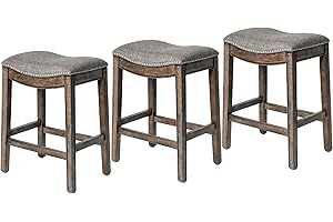 Maven Lane Adrien 26" Wood Counter Height Stool - Handcrafted Walnut Wood Finish with Grey Fabric Seat for Comfort - Durable Barstool for Kitchen Islands, Dining Rooms, Set of 3