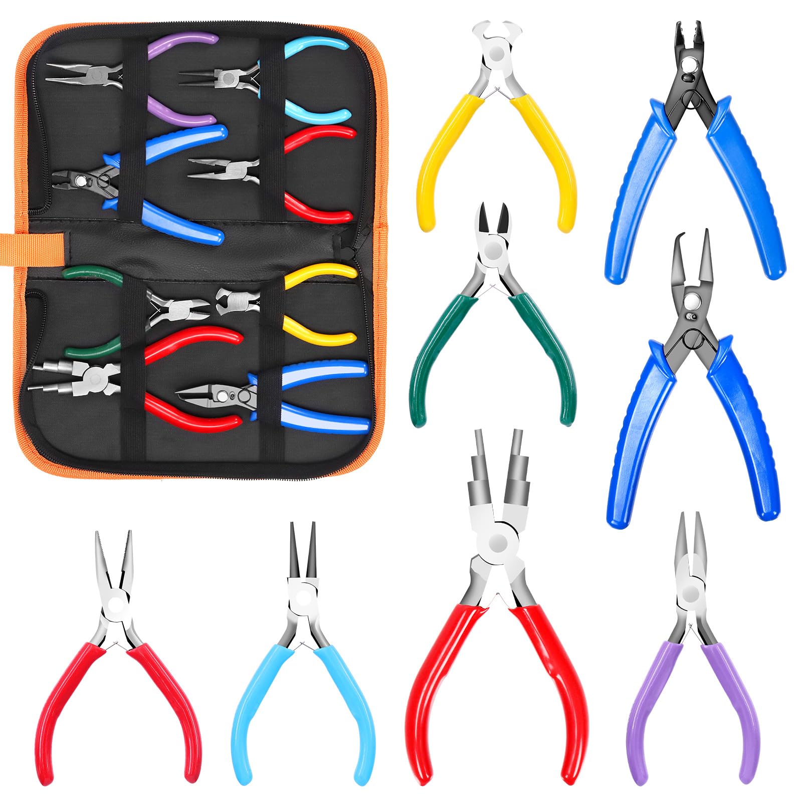 Keadic 8Pcs 4.5” Jewelry Pliers Set Includes Round Nose, Needle, Bent, Wire Cutters, Crimping, Nylon, End Nippers, Bail Making Pliers