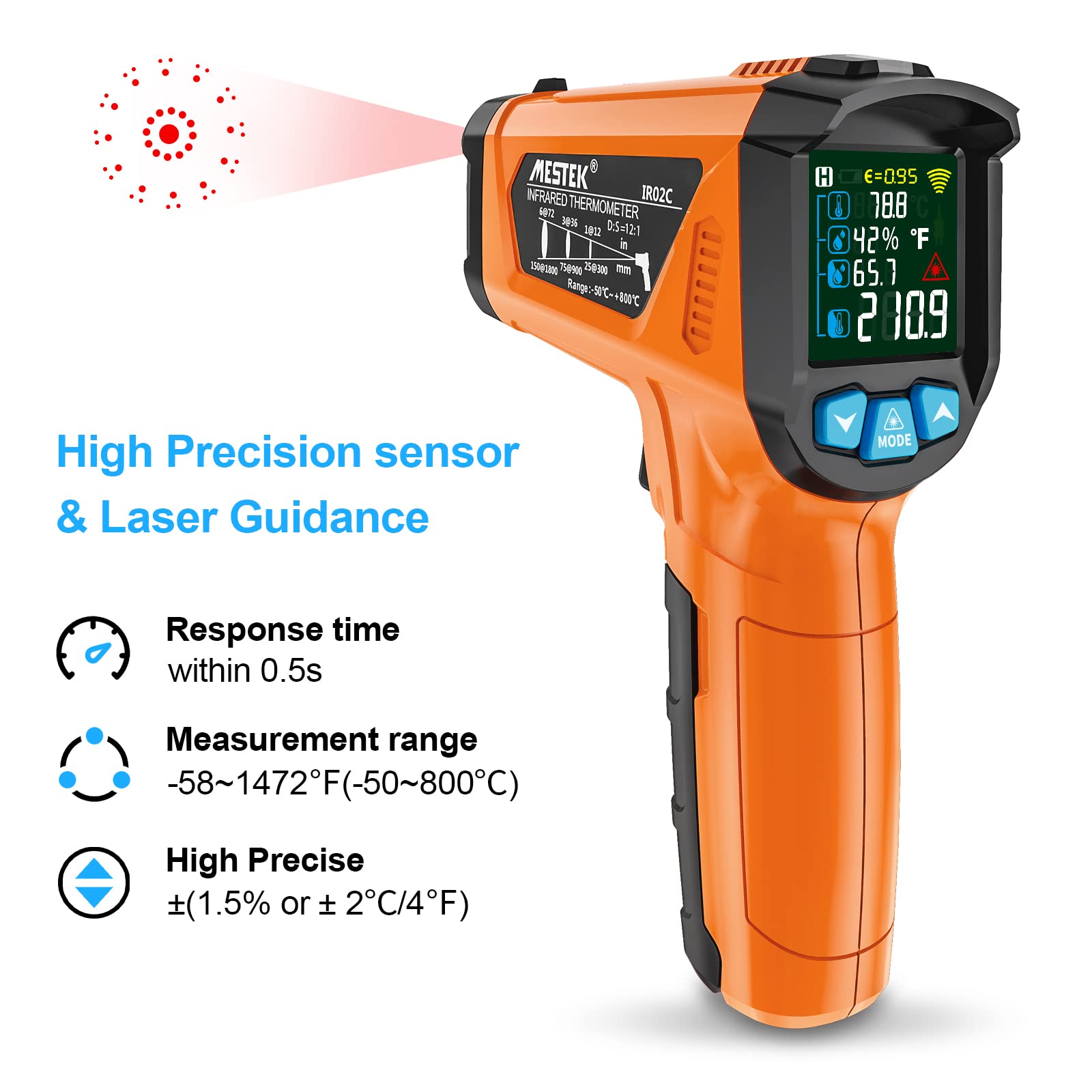 Infrarot Thermometer MESTEK Digital Laser Temperaturmessgerät mit K-Sonde IR Pyrometer -50°C bis 800°C Berührungslos Farbe LCD Alarm Einstellbarer Emissionsgrad für Küche Backen Industrie 2