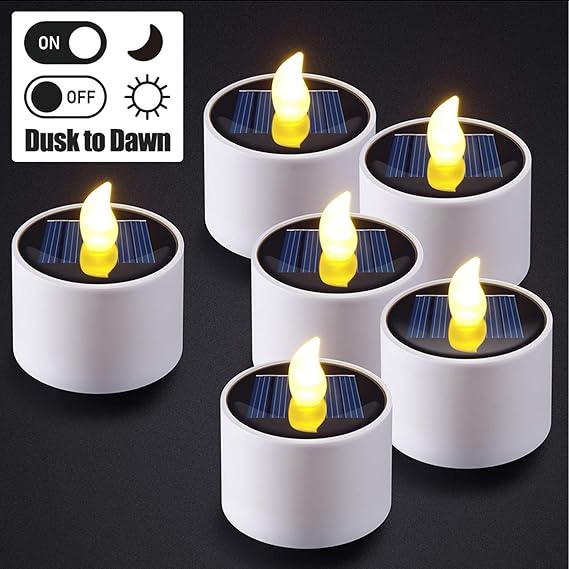 6pcs Solar Tea Lights, PChero Waterproof Rechargeable LED Flameless Tealight Candles with Dusk