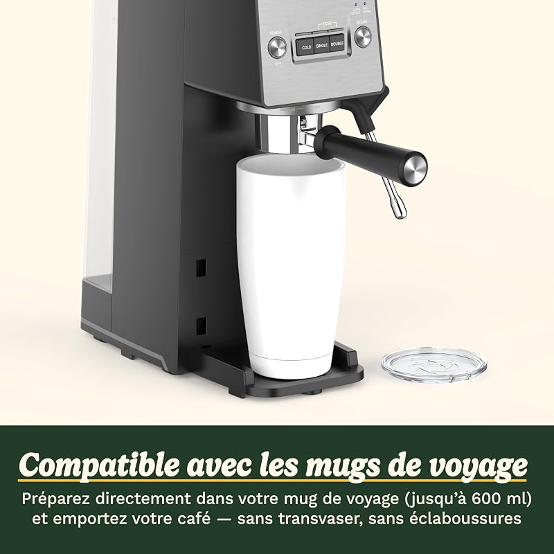 ® Machine à Espresso Slim | Espresso, Americano, Cold Brew | Mousseur à lait intégré | 15 bars | Porte-filtre sans fond | Compacte | Mug de voyage | Réservoir 1,5L