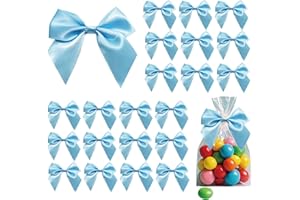 ULIFEBETTER 50PCS Baby Blue Bows, Blue Bows for Treats Twist Tie Bows with Double-Sided Tape for Treat Bags Wrapping Mini Bow