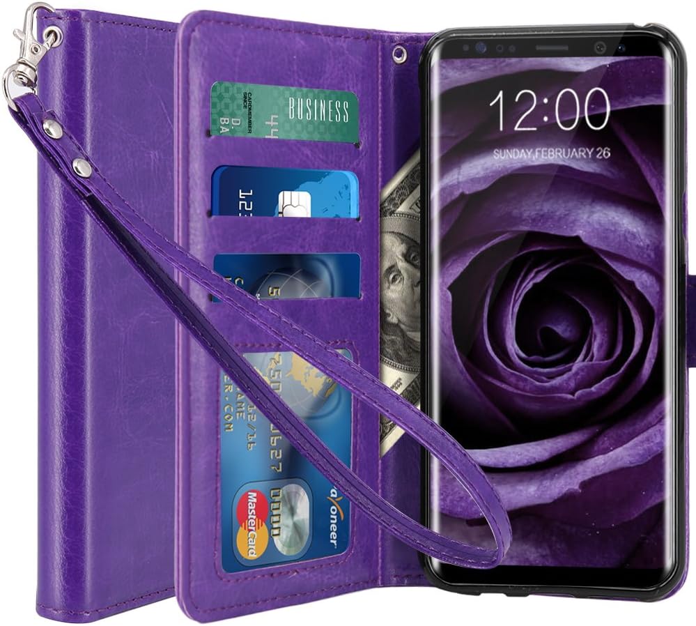 LK Case for Galaxy S8 Plus, [Wrist Strap] Luxury PU Leather Wallet Flip Protective Case Cover with Card Slots and Stand for Samsung Galaxy S8 Plus (Purple)