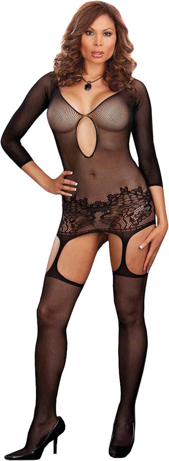 Dreamgirl Women's Plus-Size Istanbul Fishnet Garter Dress and Stockings Set
