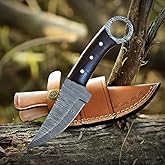 Fixed Blade Hunting Knives 8" Handmade Damascus Steel Full Tang Knife – Razor Sharp Blade with Leather Sheath, Ideal for Skinning, Camping, Outdoor - Bushcraft Knifes with Horizontal Carry Knives For Mens