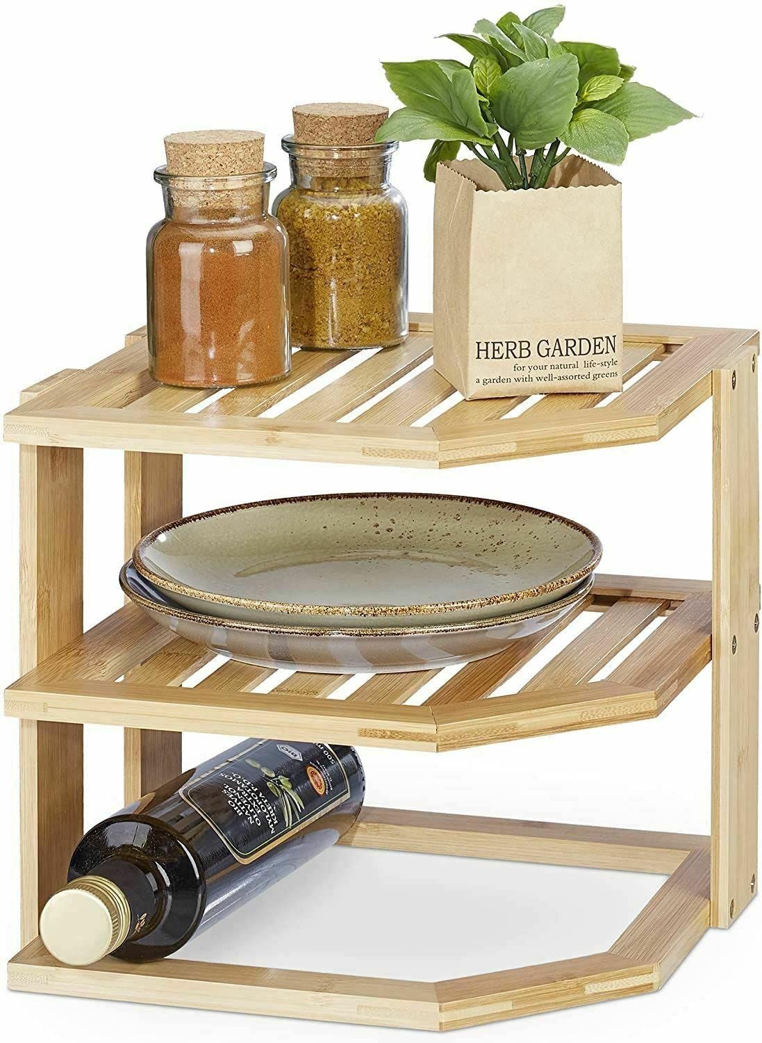 MantraRaj Bamboo 3 Tier Corner Shelf | Kitchen Cupboard Storage Organiser | Stacking Shelf | Spice Rack| Plate Rack| Bamboo Wine Rack | Space Saving Unit | Mini Corner - 25.4 x 25.4 x 24.1cm