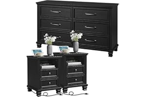 SAVOR LIFE Farmhouse Dresser and Nightstand Sets of 3 Piece, 6 Drawer Dresser and 2 Drawer Nightstand Set, Rustic Wood Bedroom Furniture Set for Home,Hallway,Black