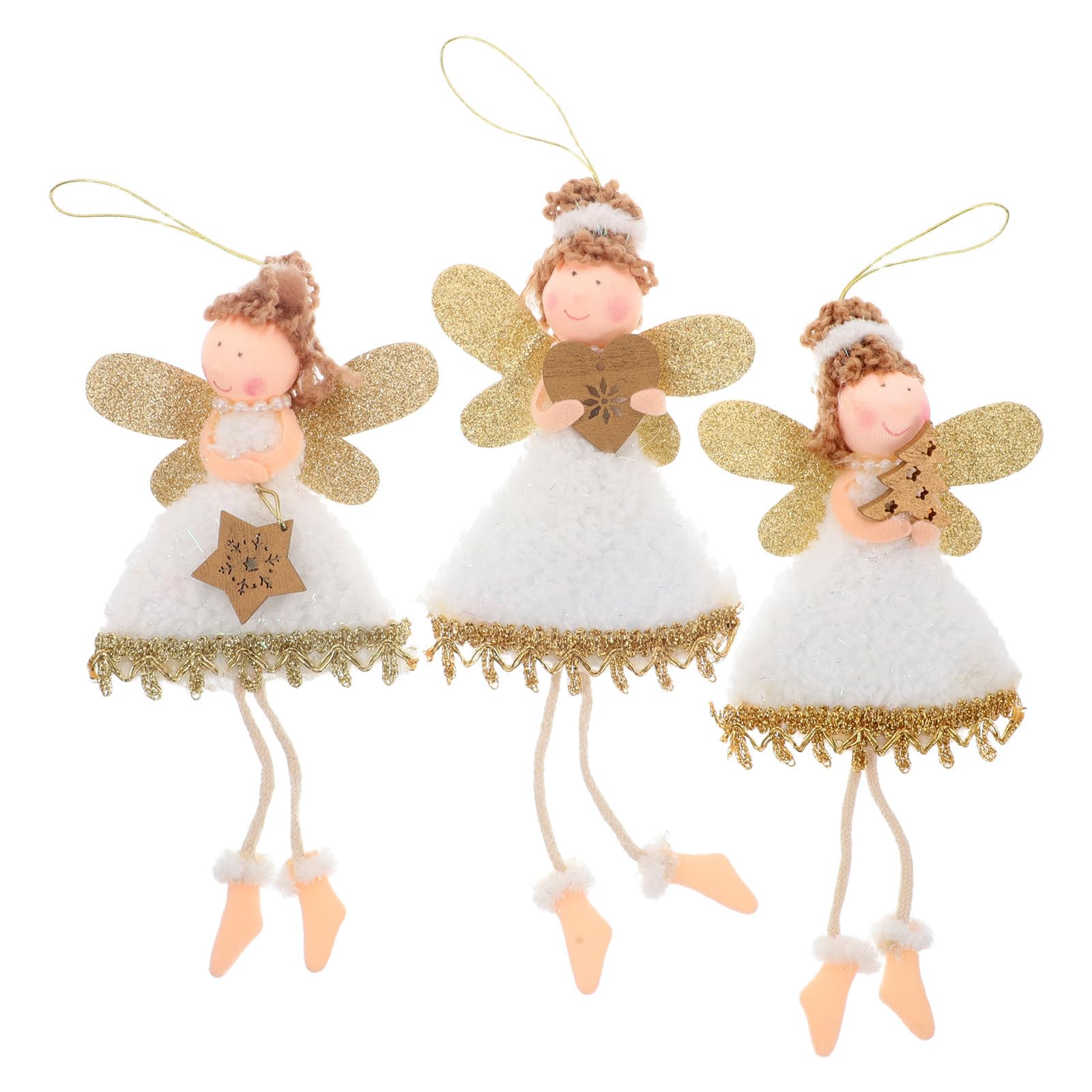 3pcs Christmas Wood Angel Pendant Xmas Tree Decoration Cloth Plush Angel Doll Hanging Ornament for Festive Home Wall Window Decor Kids