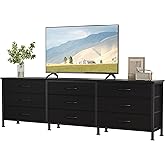 DUMOS TV Stands for Living Room Furniture with 9 Fabric Drawers, Long Entertainment Center Up to 75 Inch TV, Media Console Table with Storage for Bedroom, Adjustable Feet, Black