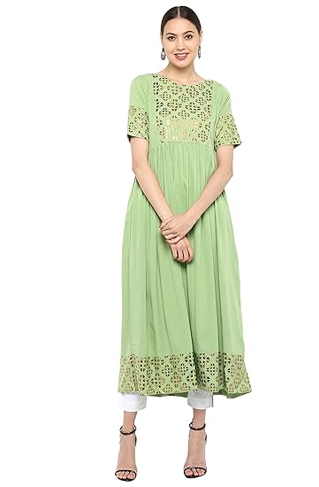 Women's Light Green Poly Crepe Flared Kurta
