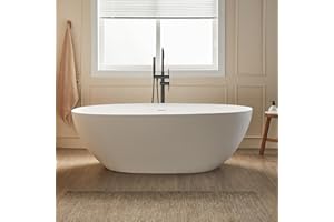Cpingao 59" Stone Resin Freestanding Bathtub, Elegant Oval Shape Soaking Tub, Solid Surface Stand Alone Bathtub with Drain & Integrated Slotted Overflow Matte White 8845-1500