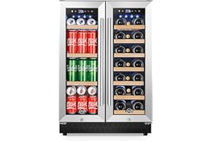 Tylza Upgraded Wine and Beverage Refrigerator 24 Inch, Dual Zone Wine Beverage Cooler with French Door, Under Counter Wine Beer Fridge Built-In or Freestanding, Holds 20 Bottles and 88 Cans TYBC120-3