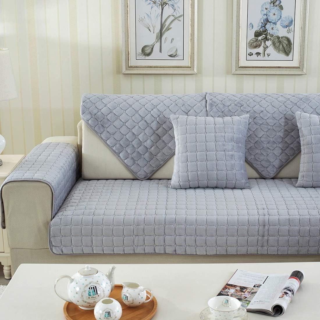 Sofa Cover 1 piece for L Shape Sofa, Winter Plush Sofa Cushion Thickened Flannel Sofa Mat Plush Anti-Skid Pet Sofa Cover, Gray, 90 * 90cm