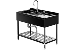 Stainless Steel Utility Sink, 47.8"x24"x38.9" Freestanding Dual Bowl with Drainboard & Pull-Out Hot/Cold Faucet, Drain Kit & 