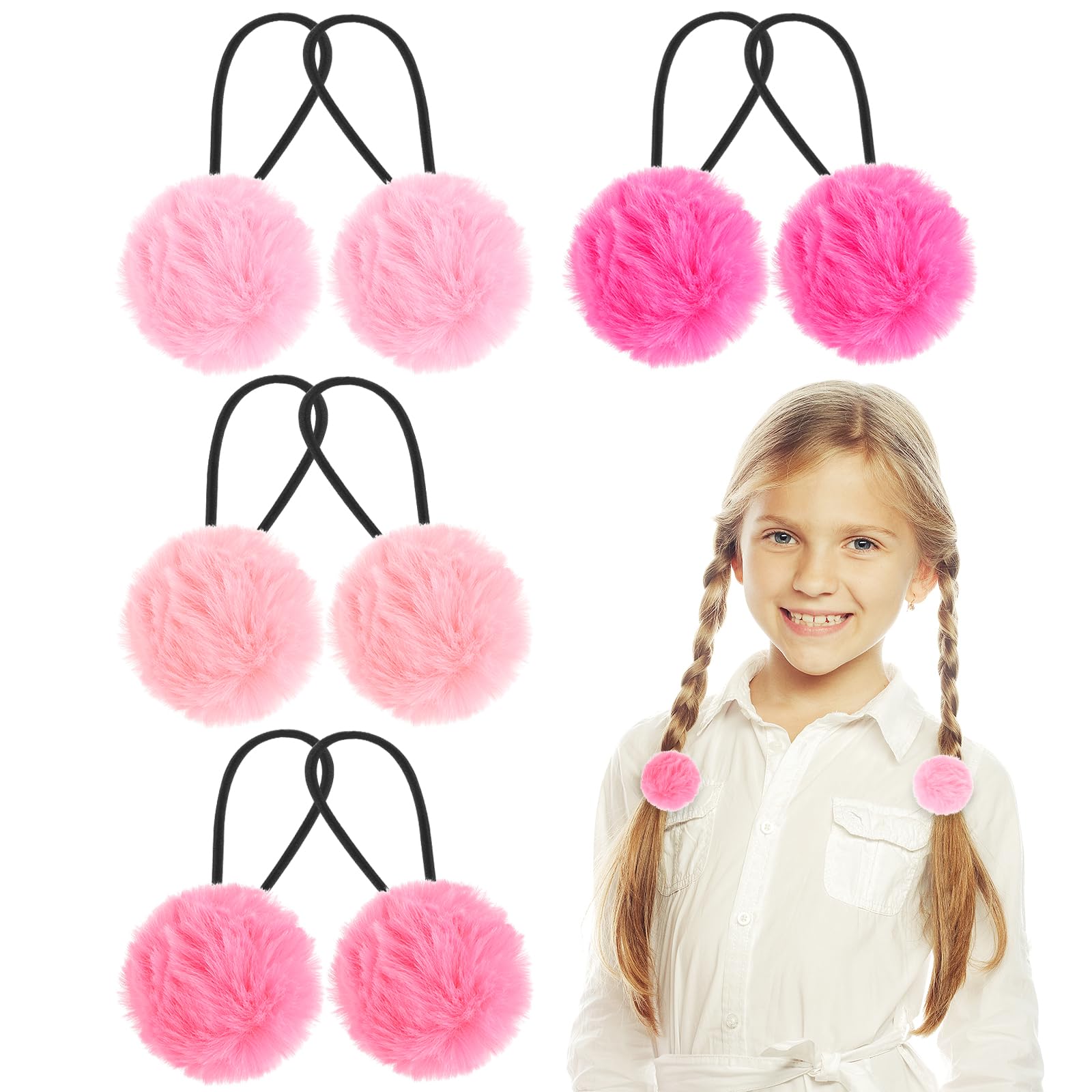 Yolev 4 Pairs Pom Pom Hair Ties - Fluffy Elastic Scrunchie Ball Hair Accessories for Girls - Pink Stretchy Nylon Hairbands With Bows