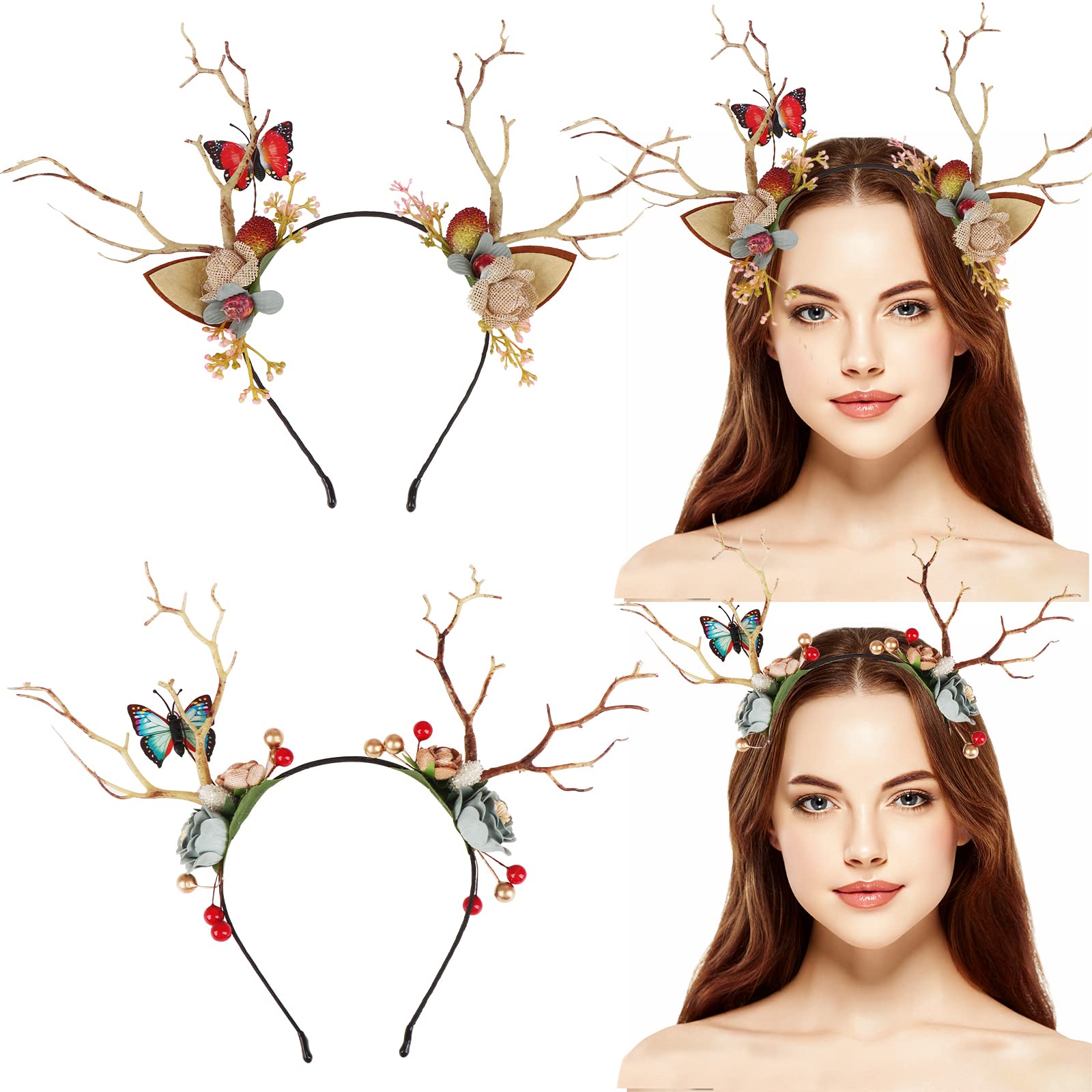 Photo 1 of 2 Pcs Deer Antler Flower Crown Headbands Tree Branches Butterfly Headband Antlers Headband Cosplay Headdress Hair Accessories for Halloween Chritmas Wedding Party Woodland Fairy Costume