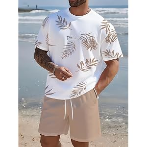 Men's Tropical Leaf Print 2-Piece Outfit, Short Sleeve Crew Neck T-Shirt & Drawstring Shorts Summer Casual Set