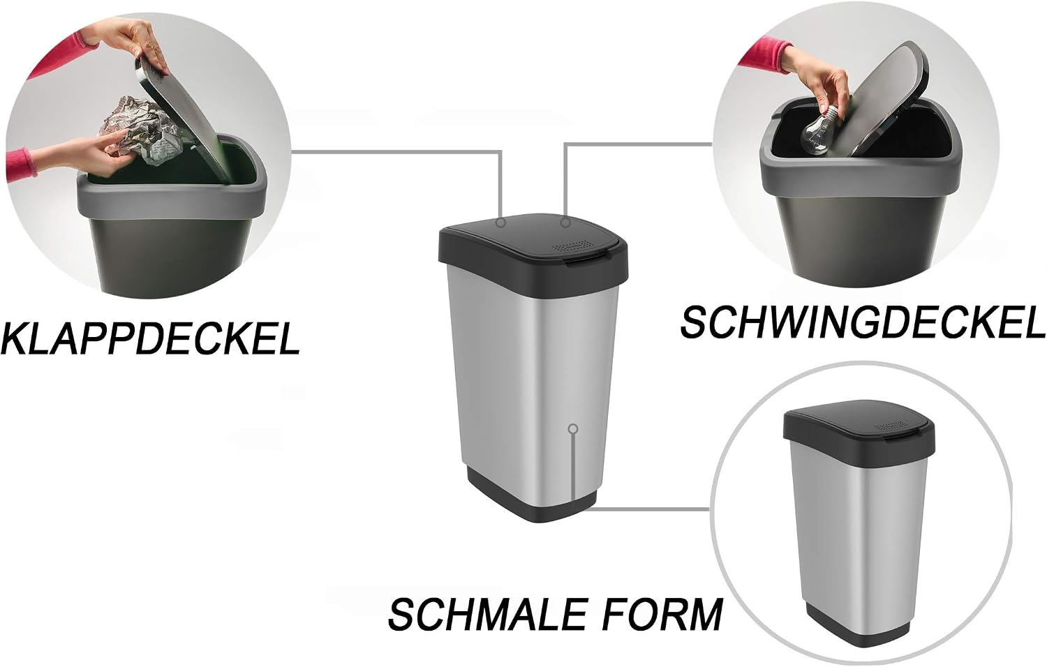 Rotho, Twist, Waste bin 25l with lid, can be used as swing or hinged lid, Plastic (PP) BPA-free, silver metallic - Image 4