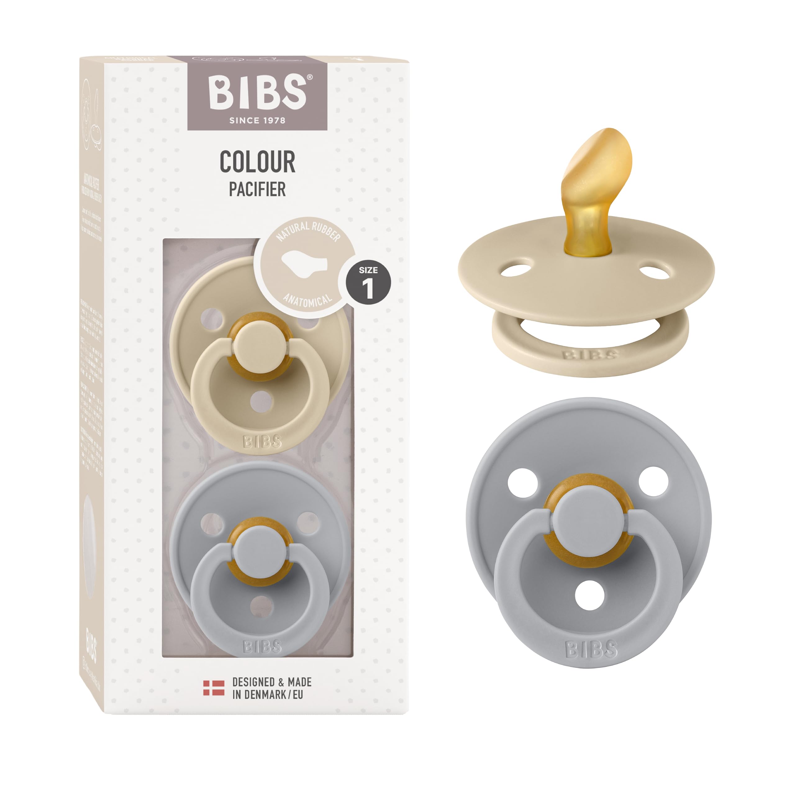 Photo 1 of BIBS Pacifiers - Set of 2 | Colour Pacifier with Anatomical Nipple | BPA-Free Natural Rubber | Made in Denmark | Vanilla/Cloud, 0-6 Months