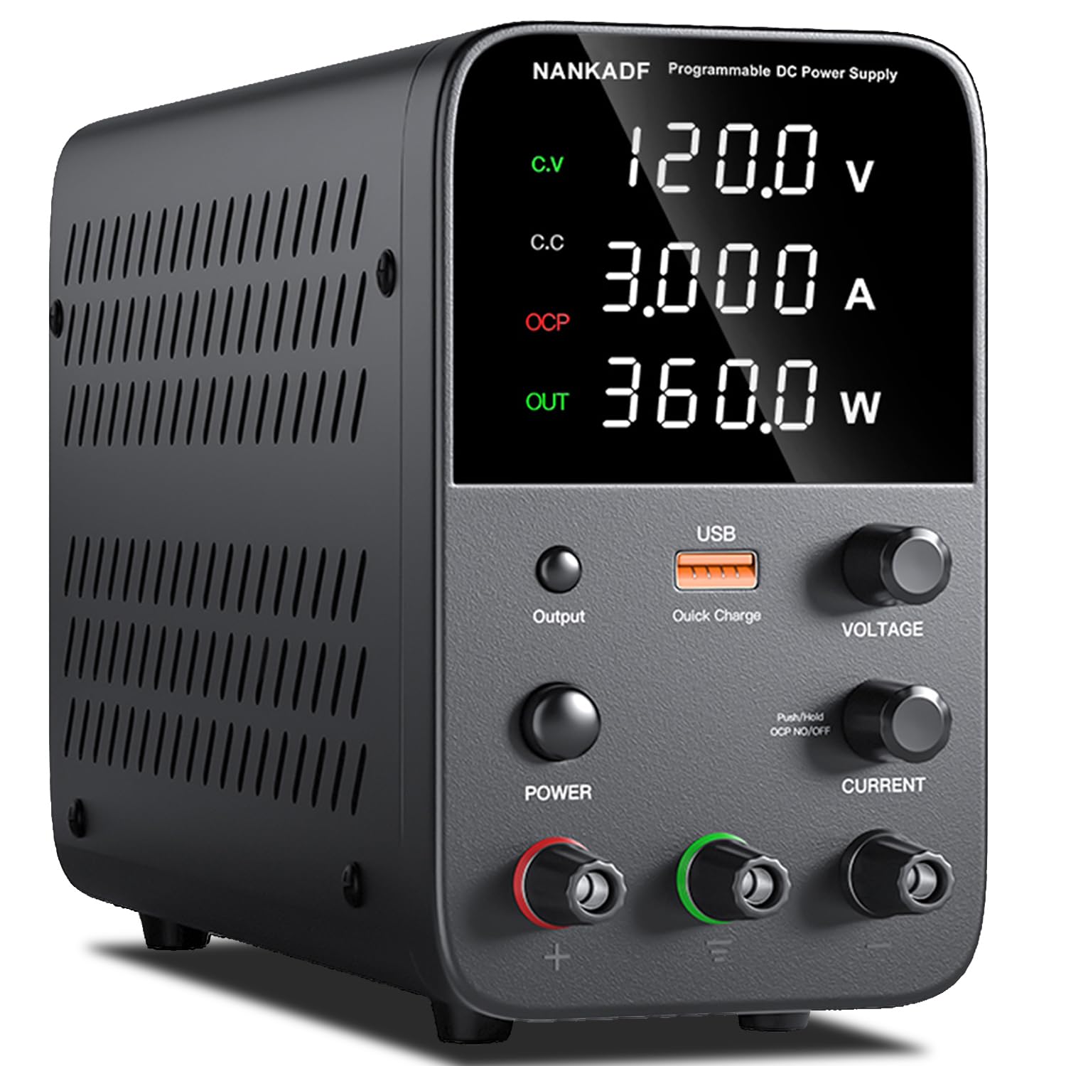DC Variable Bench Power Supply with Encoder Knob, Output Enable/Disable, USB Quick-Charge, Short Circuit Alarm (120V 3A Black) Image
